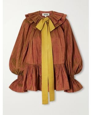 Christopher John Rogers Pussy-Bow Ruffled-Collar Gathered Silk-Dupioni Blouse - Orange