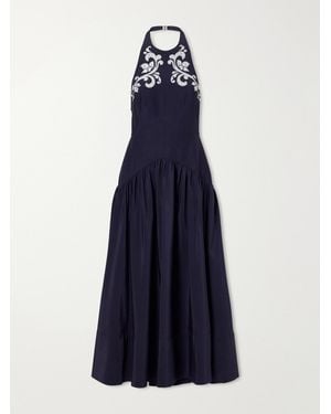 ALÉMAIS Dillon Crystal-Embellished Appliquéd Embroidered Cotton-Blend Poplin Halterneck Maxi Dress - Blue