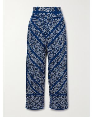 Bode Bombora Cropped Embroidered Wool-Blend Wide-Leg Pants - Blue