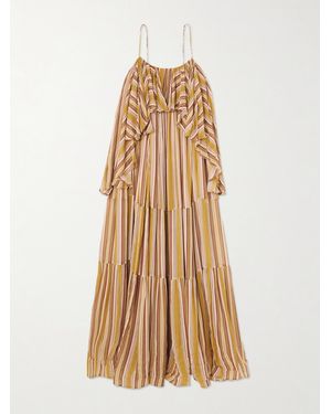 Zimmermann Rebellion Ruffled Tiered Striped Crepe De Chine Midi Dress - Natural