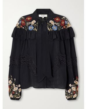 Sea Ruwa Ruffled Embroidered Lace-Trimmed Crepe Blouse - Black