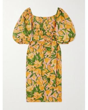 Carolina Herrera Off-The-Shoulder Ruched Belted Floral-Print Stretch-Cotton Midi Dress - Yellow
