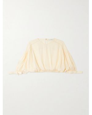Rabanne Cropped Bow-Detailed Lace-Trimmed Pleated Crepe Top - Natural