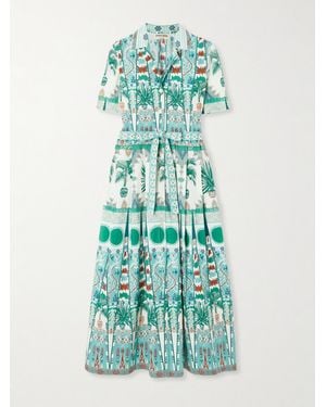 Emporio Sirenuse Claudia Belted Pleated Printed Cotton-Poplin Midi Shirt Dress - Green