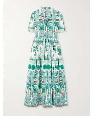 Emporio Sirenuse Claudia Belted Pleated Printed Cotton-Poplin Midi Shirt Dress - Green