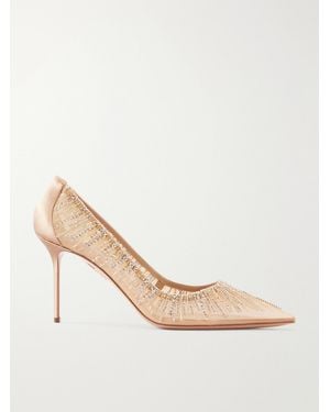 Aquazzura Soft Sky 85 Crystal And Bead-Embellished Satin-Trimmed Mesh Court Shoes - Natural