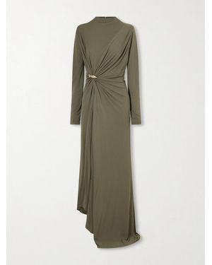 Bottega Veneta Asymmetric Embellished Gathered Jersey Maxi Dress - Green