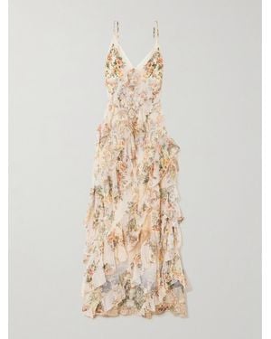 CAMILLA Maxikleid Aus Seidenchiffon Mit Blumenprint, Volants Und Spitzenbesatz - Natur