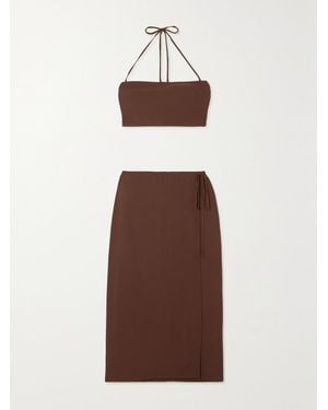 Reformation Voyage Crepe Top And Midi Wrap Skirt Set - Brown