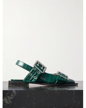 Ganni Embellished Glossed Recycled Point-Toe Slingback Flats - Green