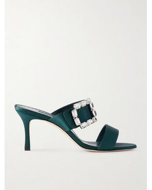 Manolo Blahnik Mayjousan 70 Crystal-Embellished Satin Mules - Green