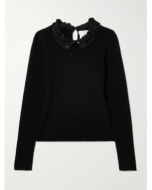 Carolina Herrera Convertible Embellished Crochet-Trimmed Ribbed Wool Sweater - Schwarz