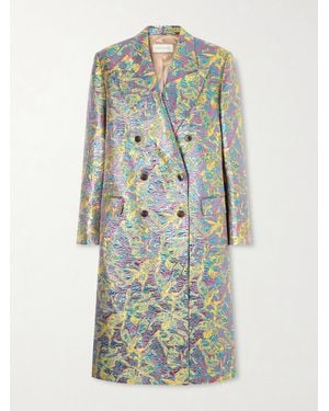 Dries Van Noten Double-Breasted Metallic Floral-Jacquard Long Coat - Blue