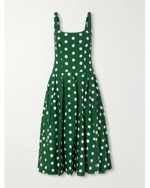 Cara Cara Regio Pleated Polka-Dot Linen Midi Dress - Green