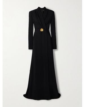 Oscar de la Renta Wrap-Effect Embellished Belted Crepe Gown - Black
