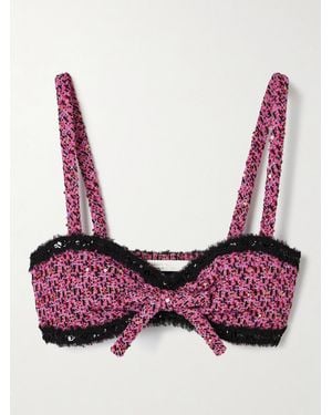 Alessandra Rich Embellished Frayed Chiffon-Trimmed Metallic Tweed Bralette - Pink