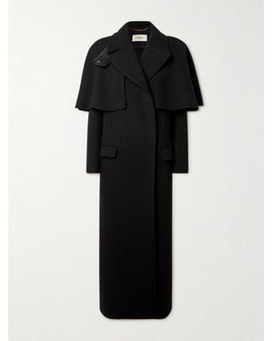 Chloé Cape-Effect Double-Breasted Leather-Trimmed Wool Coat - Black