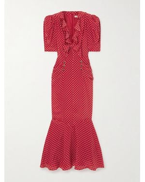 Alessandra Rich Bow-Embellished Polka-Dot Silk-Satin Midi Dress - Red