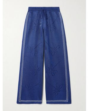 Calle Del Mar Garden Party Pointelle-Knit Wide-Leg Trousers - Blue