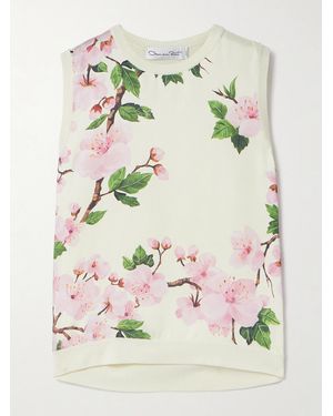 Oscar de la Renta Panelled Knitted And Floral-Print Silk-Blend Twill Tank - Grey