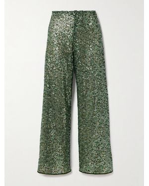 Oséree Netquins Sequin-Embellished Open-Knit Wide-Leg Trousers - Green