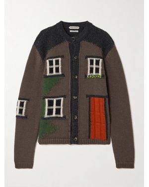 JW Anderson House Embroidered Intarsia-Knit Merino Wool Cardigan - Black