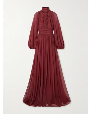 Zuhair Murad Pleated Silk-Chiffon Turtleneck Gown - Red