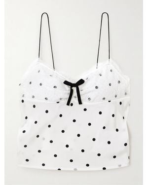 Alessandra Rich Bow-Embellished Lace-Trimmed Flocked Polka-Dot Silk-Georgette Top - White