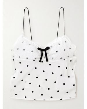 Alessandra Rich Oberteil Aus Beflocktem Seiden-Georgette Mit Polka-Dots, Spitzenbesatz Und Schleife - Weiß