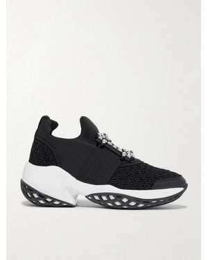 Roger Vivier Viv Run Crystal-Embellished Stretch, Mesh And Leather Sneakers - Black