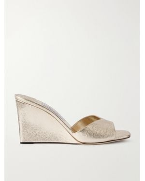 Jimmy Choo Skye 85 Metallic Crinkled-Satin Wedge Sandals - Natural