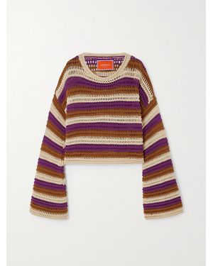 La DoubleJ Cropped Striped Crocheted Cotton-Blend Jumper - Red