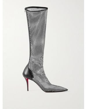 Christian Louboutin Apostropha 85 Crystal-Embellished Leather-Trimmed Mesh Knee Boots - Black