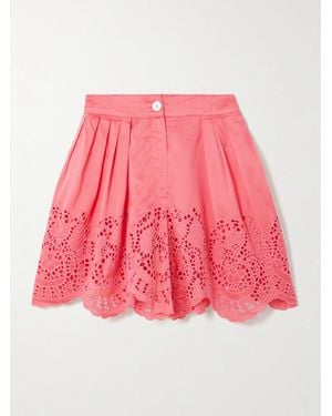 Thierry Colson Kenya Pleated Broderie Anglaise Cotton And Silk-Blend Shorts - Pink