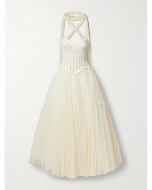 Danielle Frankel Anika Strapless Plissé Satin-Trimmed Twill And Tulle Gown - Natural