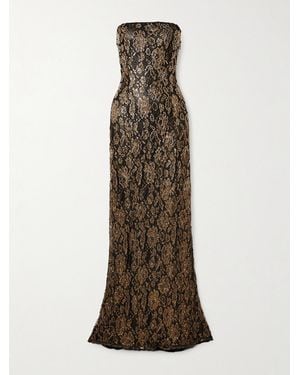 Clio Peppiatt Soleil Strapless Embellished Metallic Guipure Lace Gown - Natural