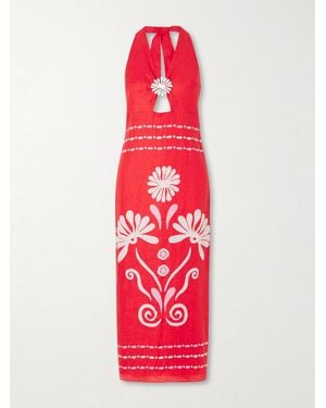 Cala De La Cruz Orly Embellished Cutout Printed Linen Maxi Dress - Red