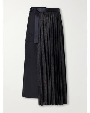 Sacai Pleated Leopard-Print Jersey And Satin Midi Skirt - Black