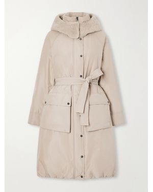 Brunello Cucinelli Hooded Belted Plush-Trimmed Cotton-Blend Shell Down Coat - Natural