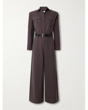 Self-Portrait Belted Leather-Trimmed Twill Jumpsuit - Brown