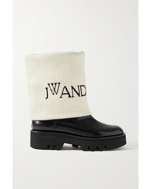 JW Anderson Fisherman Wool Jacquard-Trimmed Glossed-Leather Ankle Boots - Black