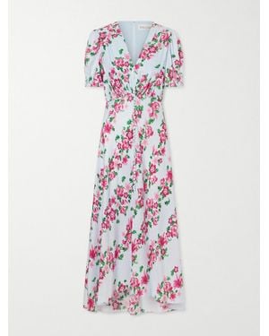 Saloni Floral-Print Silk-Satin Midi Dress - White
