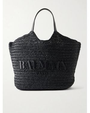 Balmain Cabas Large Logo-Embroidered Leather-Trimmed Raffia Shoulder Bag - Black