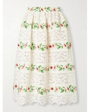 Oscar de la Renta Floral-Print Lace-Trimmed Cotton-Blend Midi Skirt - Natural