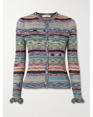 Ulla Johnson Lex Cardigan Aus Gestreiftem Rippstrick Mit Besätzen - Blau