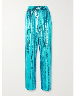 Tom Ford Pleated Silk Satin-Trimmed Sequined Tulle Trousers - Blue