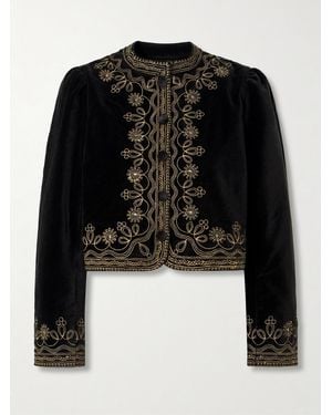 RIXO London Denver Cropped Embroidered Cotton-Velvet Jacket - Black