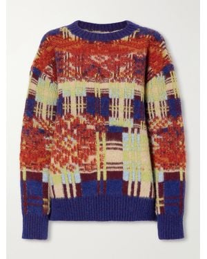 Dries Van Noten Checked Brushed Merino And Wool-Blend Jumper - Blue