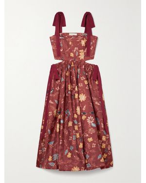 Ulla Johnson Gabrielle Cutout Tie-Detailed Floral-Print Matte-Satin Dress - Red