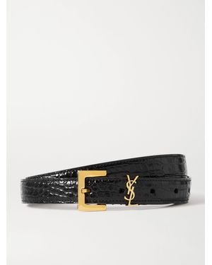 Saint Laurent Cassandre Embellished Croc-Effect Leather Belt - Schwarz